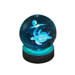 VEILLEUSE Lampe boule de cristal tortue 3D avec base en bois