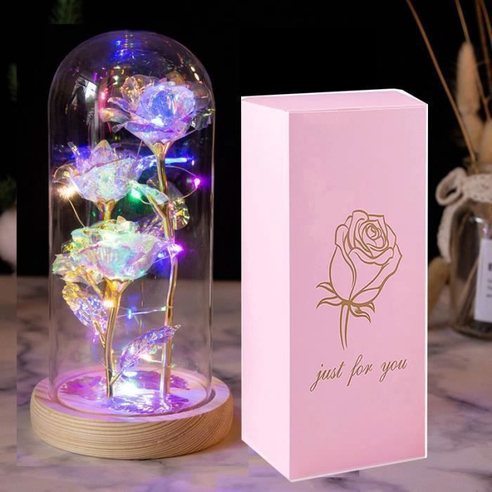 Springos rose en verre 22 cm avec guirlande lumineuse led cadeau