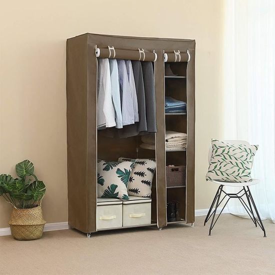 OUIArmoire Penderie Chambre Meuble Rangement Pas Cher Café en Tissu