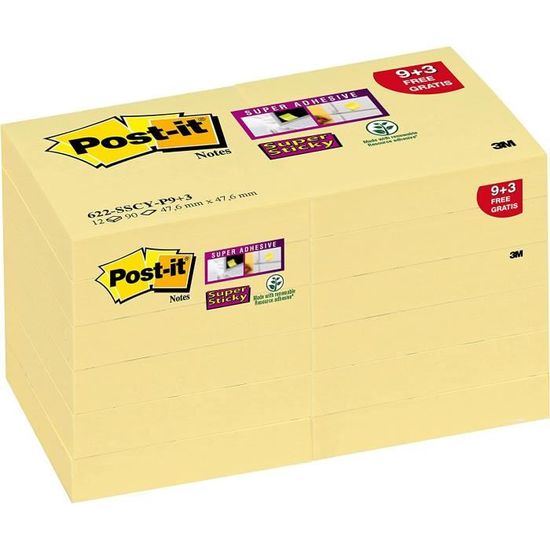 Post-it Super Sticky - Pack 8+4 Blocs Gratuits - 90 Feuilles 47.6mm - Adhésif Renforcé