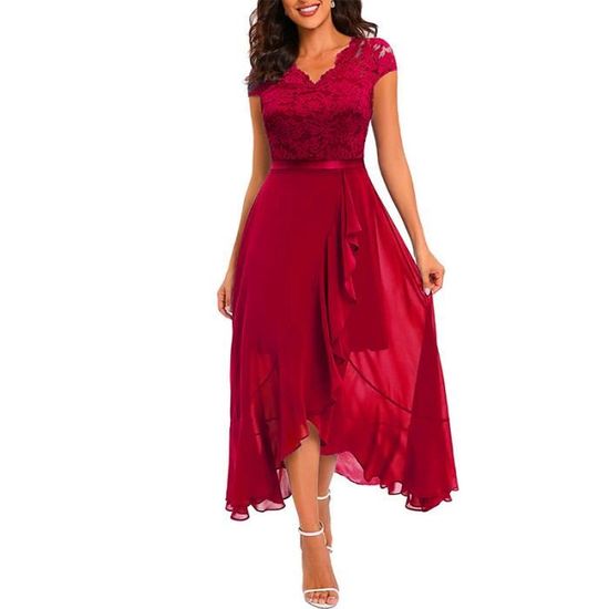 Robe de Soir e Longue Femme Dentelle Sans Manche Col V Couleur