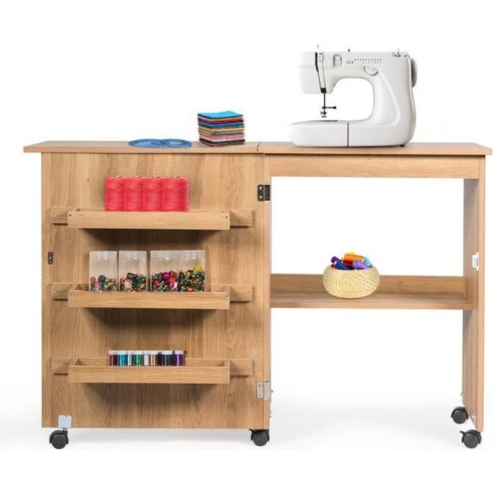 Meuble pour Machine à Coudre Table de Couture Pliante avec 3 Etagères pour Bobines et Roulettes Verrouillables en Bois