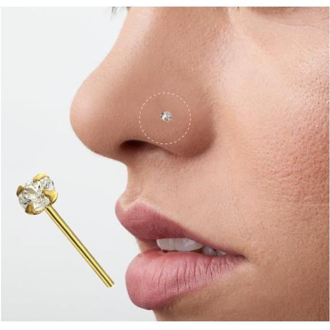 Bijou Pierre Précieuse Piercing Clou De Nez Droit En Or Massif 9 carats Zircon Cubique Clair Serti 1.5mm CZ