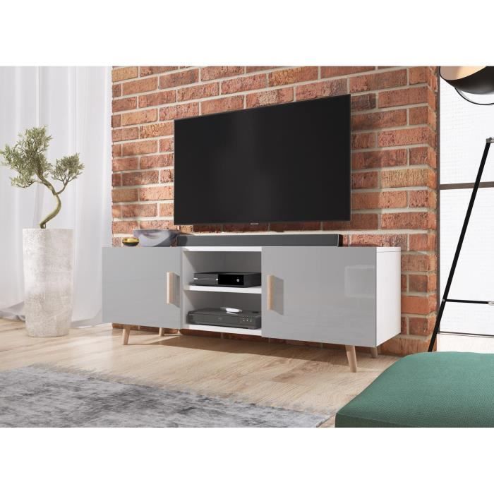 Décoro Meuble TV deux portes LASSE 2, style scandinave décor blanc mat et gris brillant