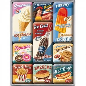 Set de 9 magnets : Vintage Usa American Diner : hamburger, hot-dog, donut, cola, pancake