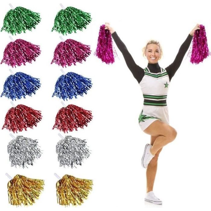 Lot de 12 pompons de pom-pom girl avec bandes métalliques et poignée en plastique pour matchs de sport, performance sur scène