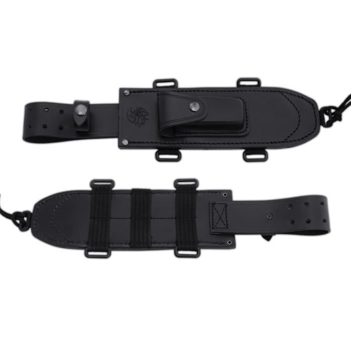 Couteau de survie EZAPAC J&V avec mango Micarta noir, lame de 22 cm et étui en cuir noir multi-positions. Outil de camping