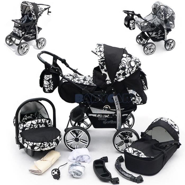Poussette Bébé 3 en 1 Combiné Nacelle + Siège Auto + Accessoires Offerts Haut Châssis Absorption de Chocs Pliable Grandes Roues Alu