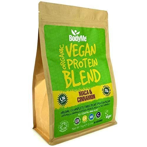 BodyMe Mélange Poudre Proteine Vegan Bio - Cru Maca Cannelle - 1kg - NON SUCRE - Faible Glucide - Sans Gluten - 3 Proteines