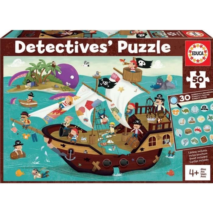 Puzzle Detective : Le Bateau Pirate Et L Ile Au Tresor 50 Pieces - Mer - Pieuvre -Educa - Jeu Enfant
