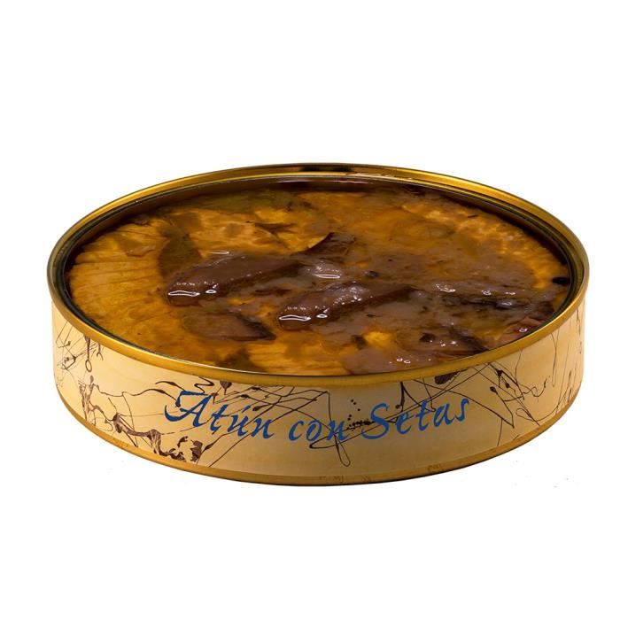 Thon aux champignons à l'huile d'olive de 280 grammes. Conserves artisanales de poisson gastronomique à Barbate (Espagne)