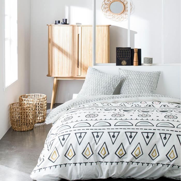 TODAY Parure de couette 220x240 + 2 taies d'oreiller 65x65 cm - 100% Coton - Blanc Ethnique SUNSHINE 4.57 TODAY