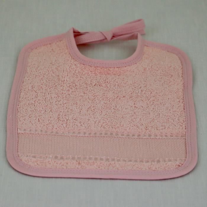LINANDELLE - Bavoir uni en coton fermeture à liens et bande à broder AIDA - Rose