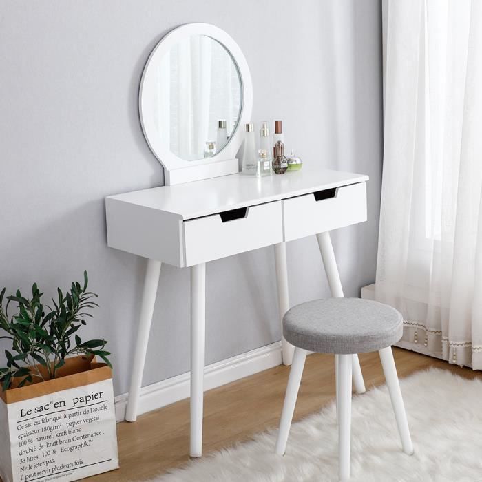 Table de maquillage à 2 tiroirs et miroir rond - Housse de tabouret amovible 80 x 40 x 128 cm Coiffeuse + tabouret