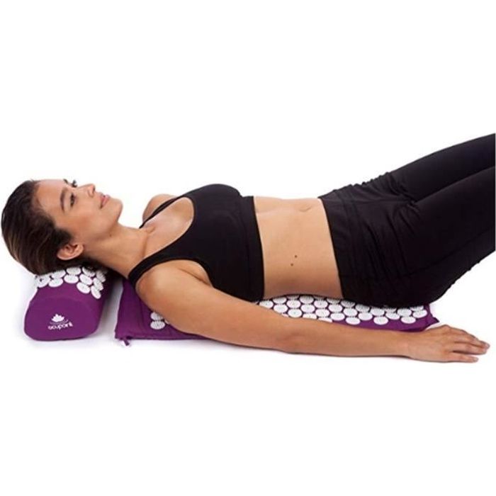 Kit d'Acupression Tapis Coussin de Massage pour Yoga Traitement des Douleurs Tensions Violet 68×42cm