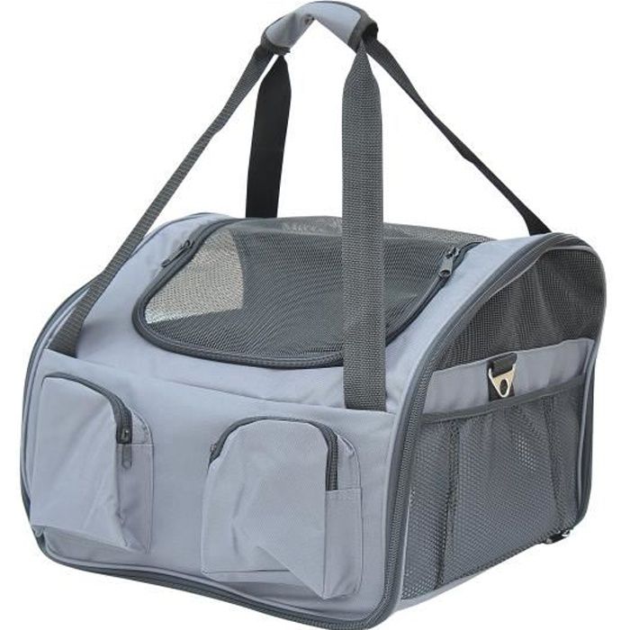 Sac de transport pour chien et chat pliable - poignées, entrée zippée, poches - coussin amovible inclus - oxford nylon gris