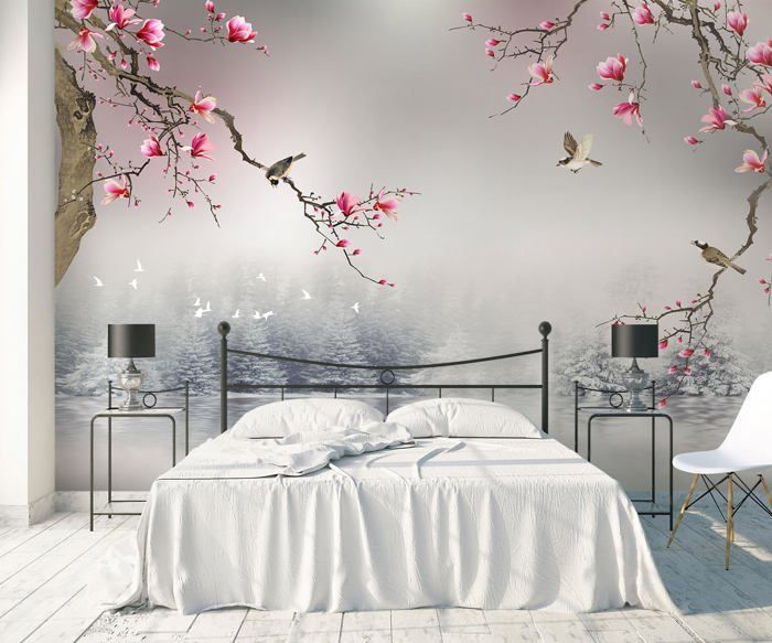 Tapisserie Murale Cerisier Japonais 200x200 Cm - Impression 3D - Tissu Polyester Léger - Décoration Salon Ou Chambre - Facile à Installer