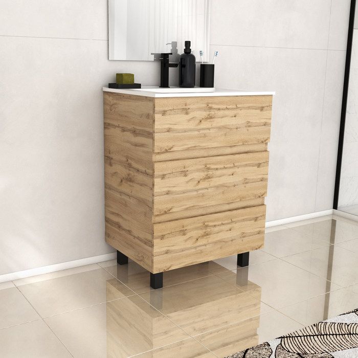 Meuble de salle de bains 60cm 3 Tiroirs_Chêne Naturel + Vasque céramique blanche - TIMBER 60