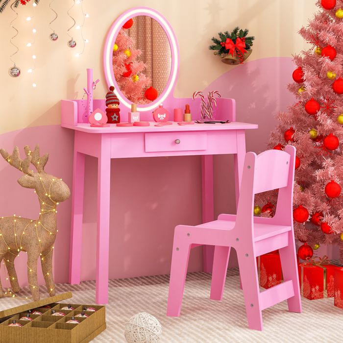 GOPLUS Coiffeuse de Maquillage pour Enfants avec Miroir éclairé et Chaise Rose