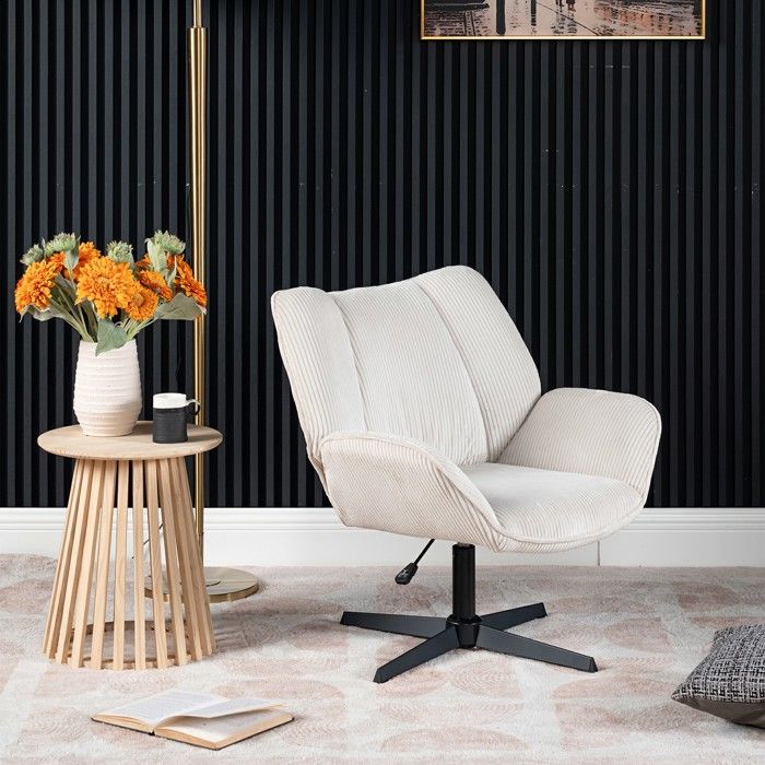 MEUBLES COSY Fauteuil Relax Rotatif Réglable en hauteur avec accoudoir en Velours Côtelé Beige et Pieds en NoirDUROTHIL MEUBLES COSY Fauteuil Relax Rotatif Réglable en hauteur avec accoudoir en Velours Côtelé Beige et Pieds en NoirDUROTHIL