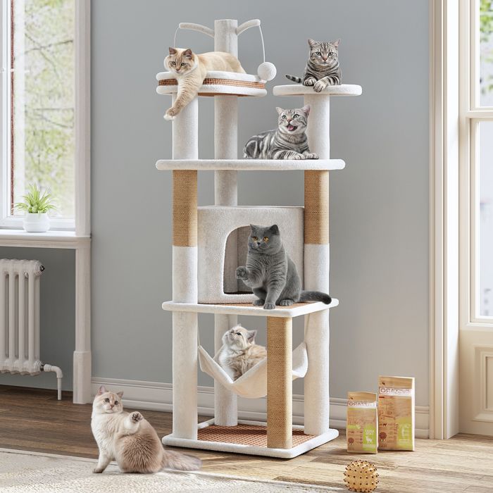 Comparer les prix de YITAHOME Arbre à Chat - 155 cm - Griffoir - à 4 niveaux - Tour d'escalade pour Chat d'Intérieur - Tissage en rotin - Blanc