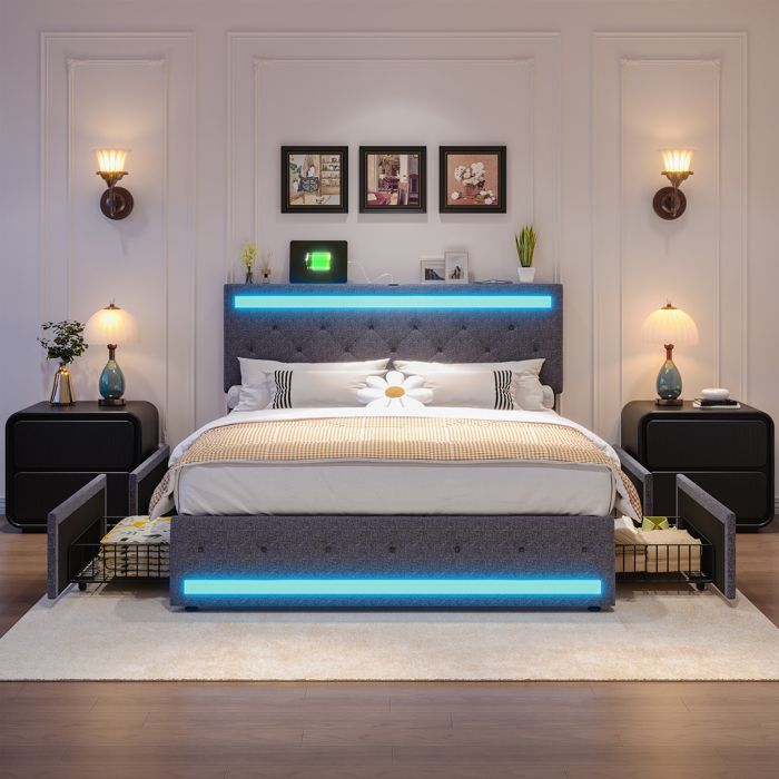 Lit coffre en lin gris 180×200 cm 4 tiroirs LED ports de charge Type-C et USB sommier à lattes