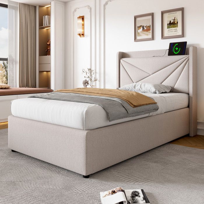 Lit simple 90x200 cm - Tête de lit avec USB - Coffre de rangement - Métal et bois - Beige