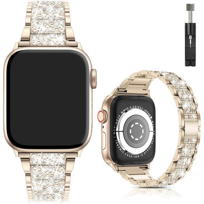 Stravo Bracelet montre bijou métal Apple Watch 44/45/46/49mm Series 4-12 SE 1-3 Ultra 2-4 – Strass – Doré vieilli