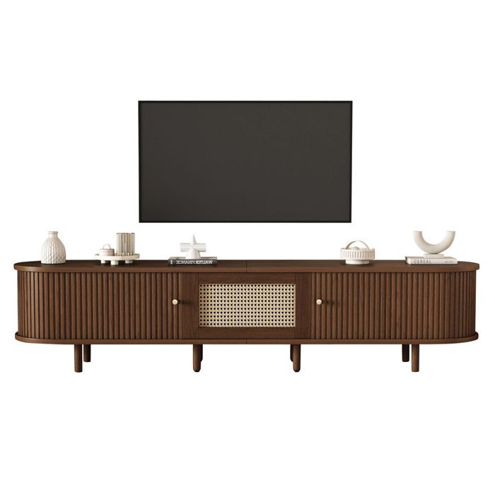 Meuble TV ovale en noyer foncé design en rotin-design MDF 180 cm pieds réglables capacité de charge de 30 kg