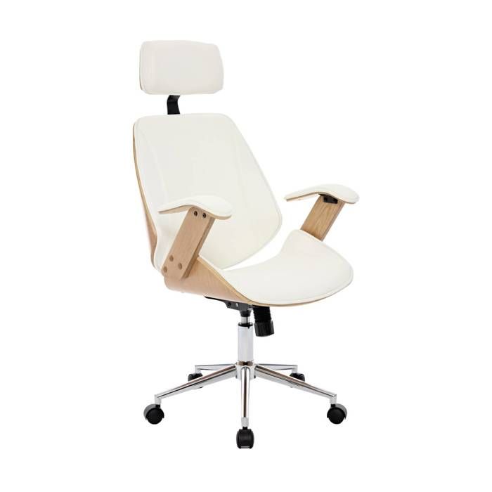 Chaise de bureau à roulettes décor bois courbé placage effet chêne et simili cuir blanc Chaise de bureau à roulettes décor bois courbé placage effet chêne et simili cuir blanc