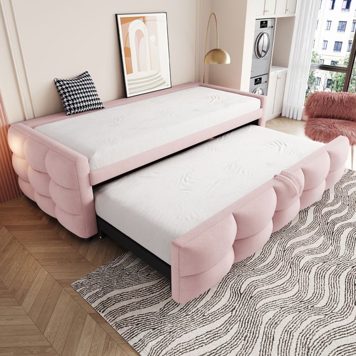 Lit gigogne 90/180x190 cm - Tissu flanelle - Avec sommier à lattes - Rose (matelas non inclus)