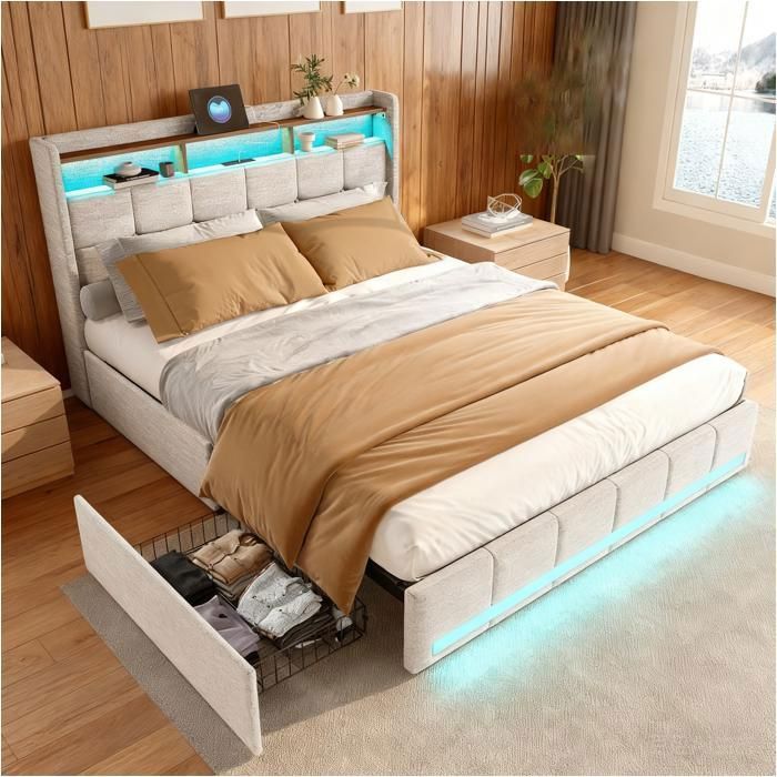 Lit 140x200cm et sommier - Cadre de lit 140x200cm avec 4 tiroirs - tête de lit rangement - LED + type C + USB - lin - Beige Lit 140x200cm et sommier - Cadre de lit 140x200cm avec 4 tiroirs - tête de lit rangement - LED + type C + USB - lin - Beige