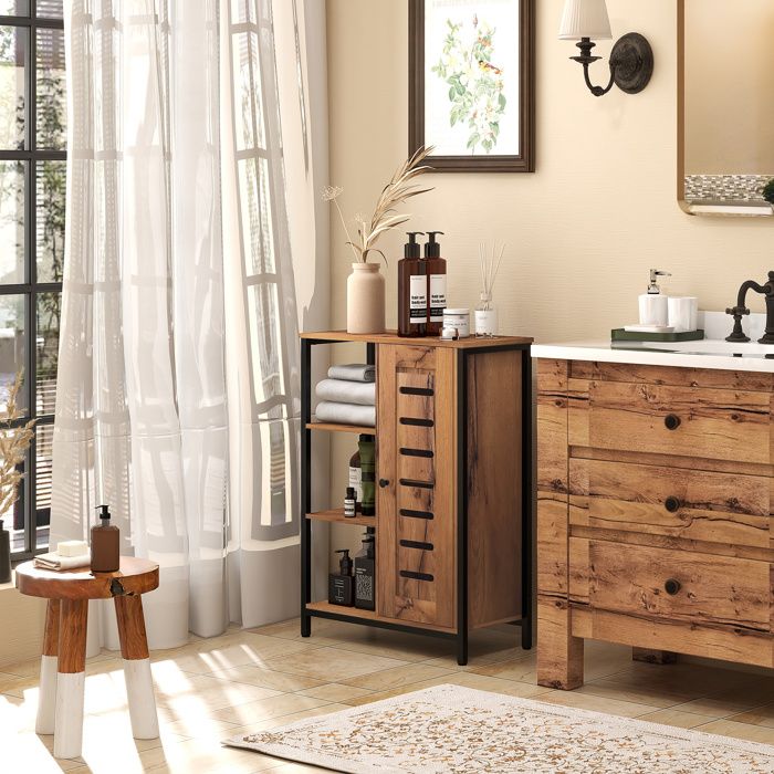 Meuble de salle de bain sur pied design industriel structure acier 3 étagères ouvertes 60 x 30 x 85 cm marron rustique