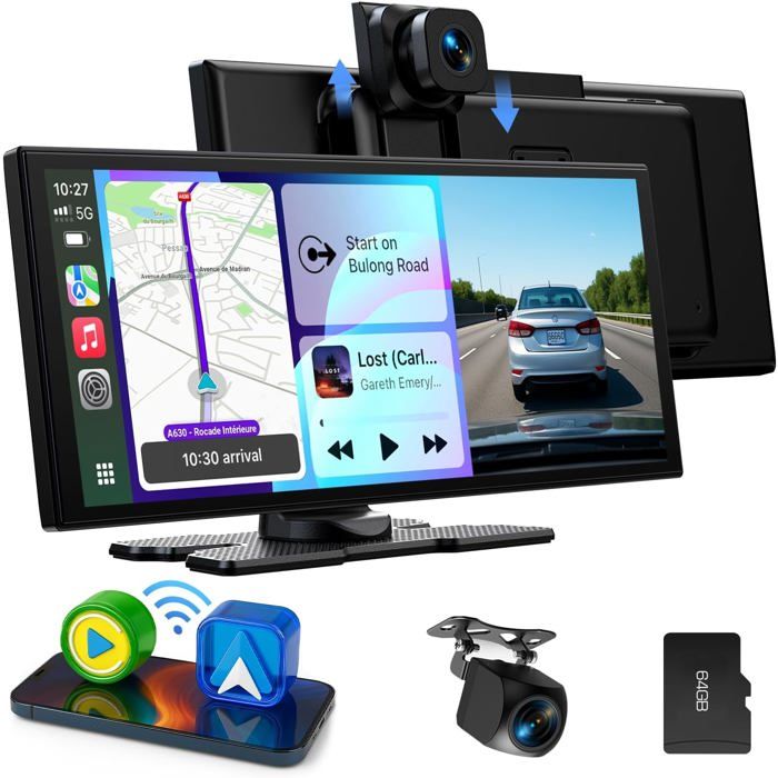 LAMTTO Écran CarPlay 1025 Pouces Autoradio Sans Fil avec Dashcam 25K et Navigation
