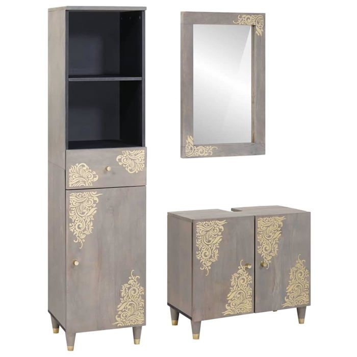 Ensemble de meubles de salle de bain - vidaXL - Gris - Bois de mangue massif - 62x33x58 cm - Miroir 50x70 cm
