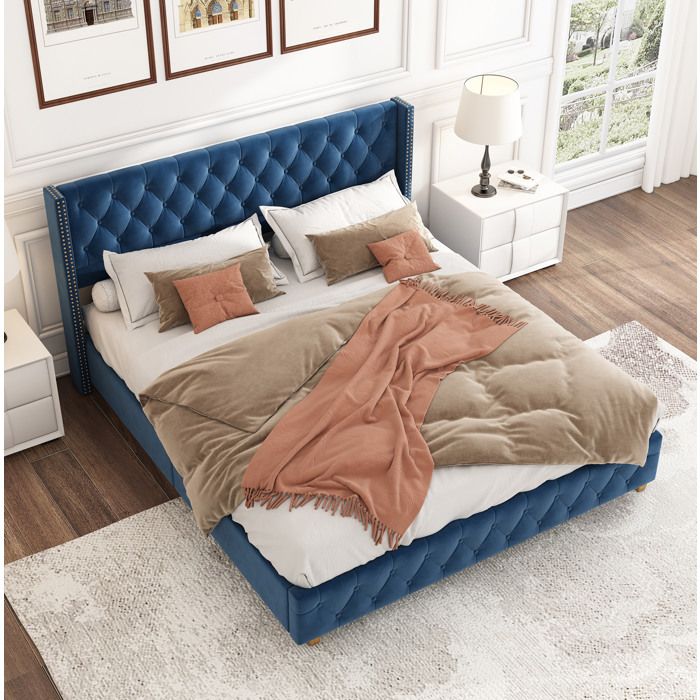MODENUIT Lit double 160x200 cm avec tête capitonnée boutons pieds renforcés clous décoratifs velours bleu (Sans matelas)