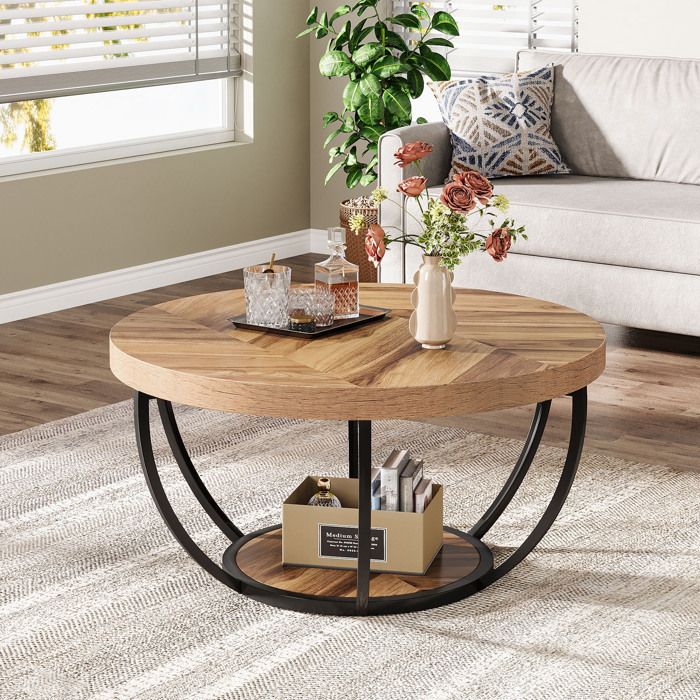 Table Basse RondeLittle Tree80×80×45 cm Table dappoint à 2 Niveaux avec Pieds en MétalGrain de BoisModerneChêne