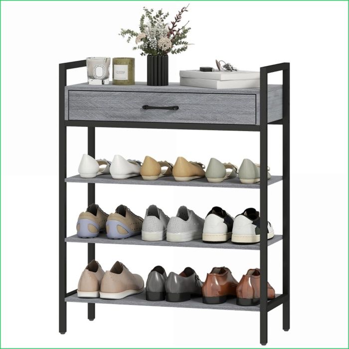 Étagère à Chaussures - Rangement 9 Paires - 3 Niveaux + Tiroir - Métal & Fibre de Bois - Gris