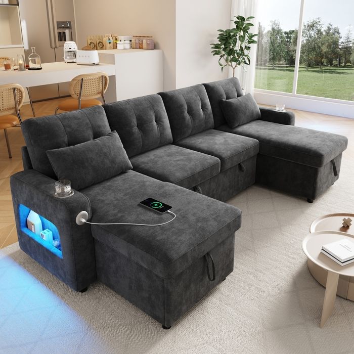 Canapé dangle canapé en U extensible avec Espace de Rangement Porte-gobelets et USB Canapé lit Pliant Moderne avec LED Gris