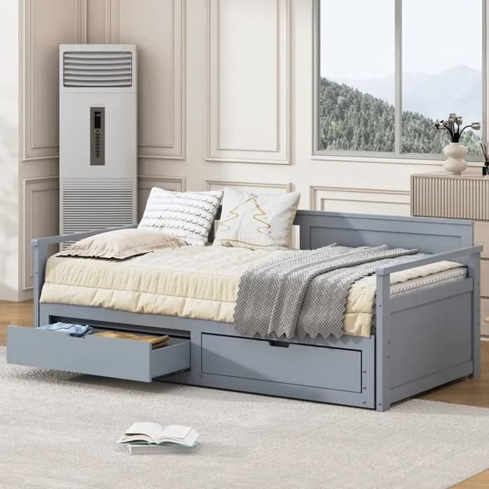 Lit pliant coulissant en bois massif 90 × 180 × 190 cm conception 2 en 1 escamotable avec tiroirs et roulettes — Gris