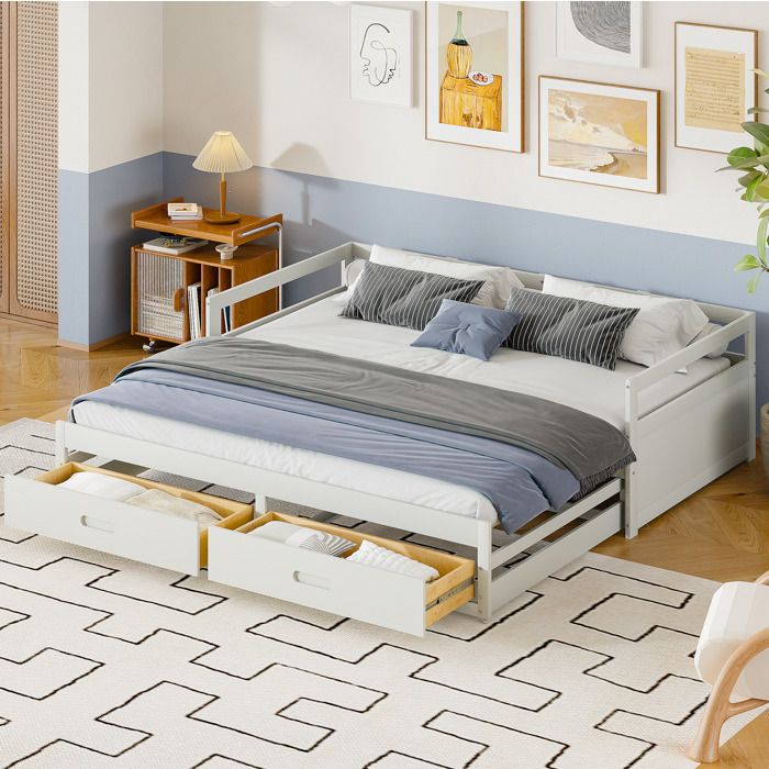 Lit banquette gigogne en bois blanc avec tiroirs de rangement