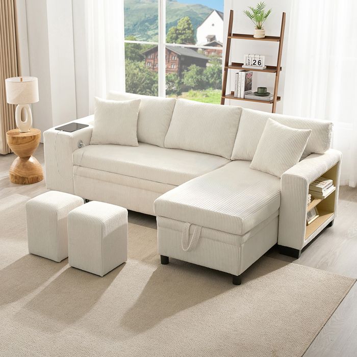Canapé dangle - MINIMAL - Convertible 3 places - Velours côtelé beige - Rangement caché - Ports USB/Type‑C