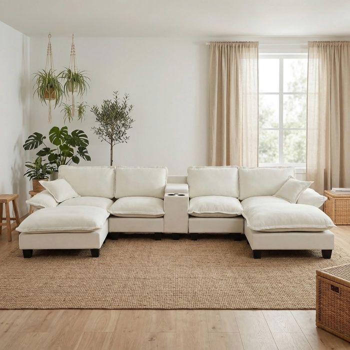 Luscriate - Canapé U modulable 6 places chenille cloud sofa ottomanes grand canapé design salon - Beige