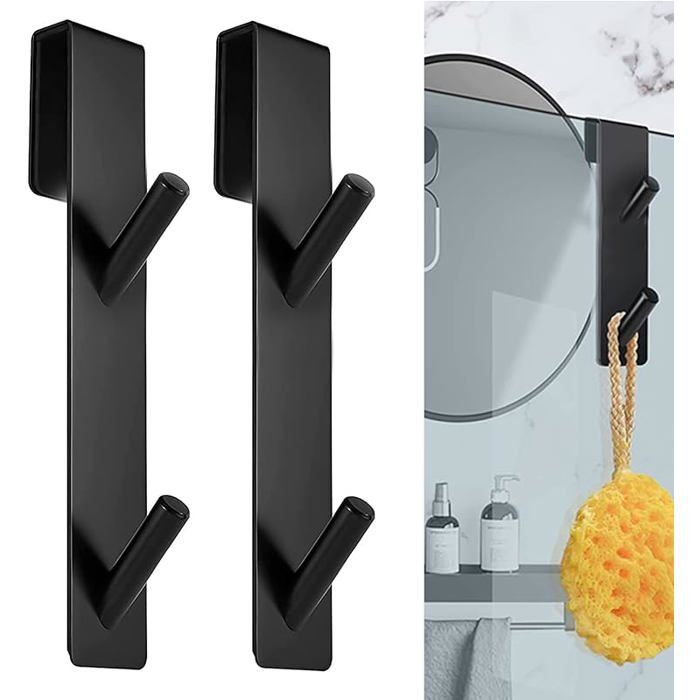 2 Pièces Crochet Douche Crochet Porte Serviette sans perçage Crochets de porte pour portes de douche en Crochet Double Noir