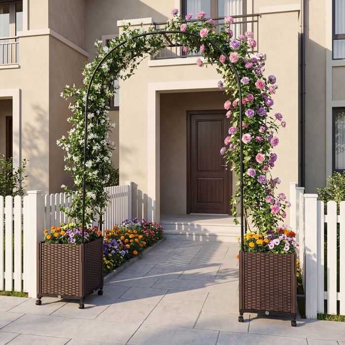 2 Jardinières sur Roulettes 230CM COSTWAY avec Arche Treillis et Bacs à Plantes Auto-Arrosants pour Plante Grimpante Pelouse Fête