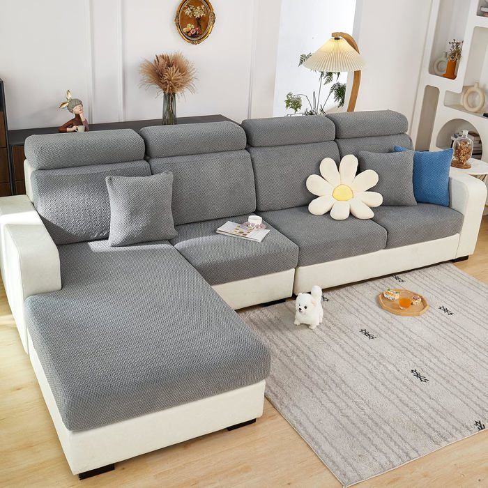 1 pièce Housse coussin canapé extensible universelle antidérapante tissu gris stretch pour L ou chaise longue .