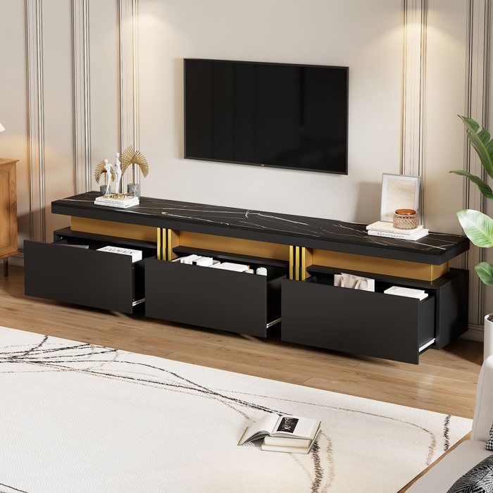 Meuble TV moderne - Aspect marbre luxueux - Grande capacité de charge 30 kg - Trois tiroirs pratiques