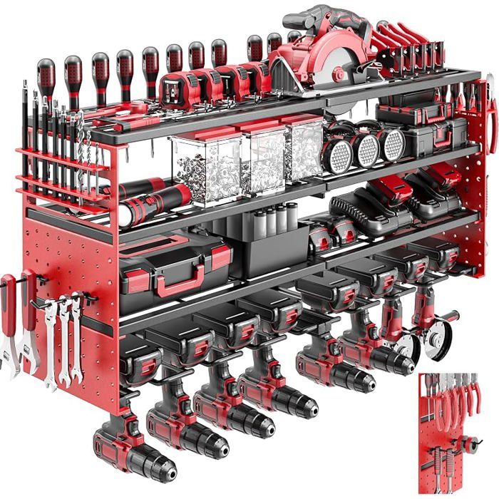 Rangement pour outils électriques porte-outils pour 4 perceuse électrique en métal lourd avec support 8 Porte-forets Rouge VITRINE