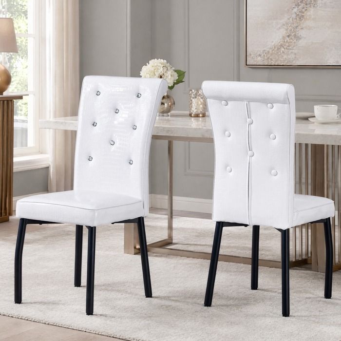 Lot de 2 Chaises de Salle à Manger Rétro avec Détails Cristal Simili Cuir Blanc Pieds Métal Noir - UVRION
