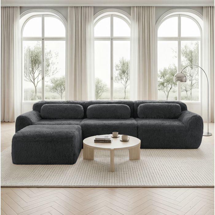 ELVORIN Canapé d angle modulable en velours peluche format L sans montage gris pour salon et chambre